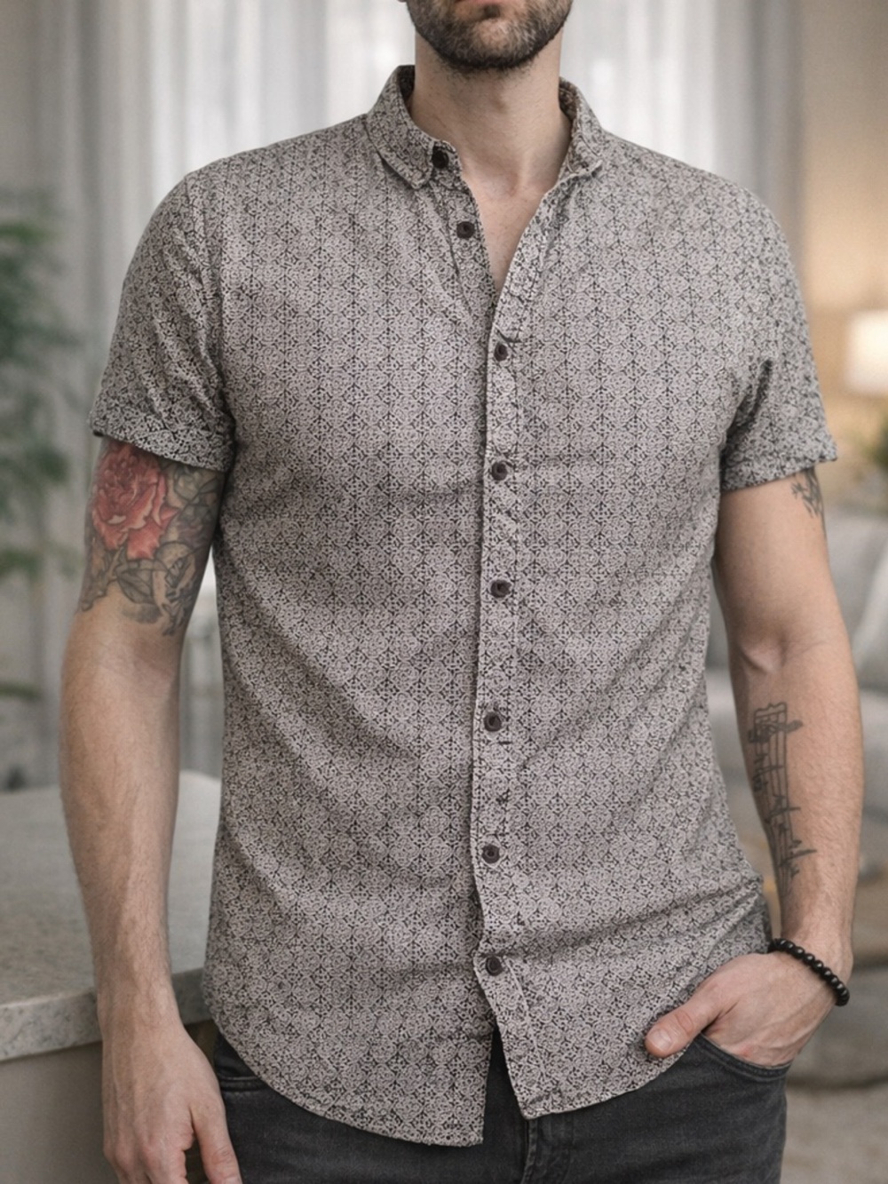 Topman Casual Short-Sleeve Printed Button-Up Top - Black/White